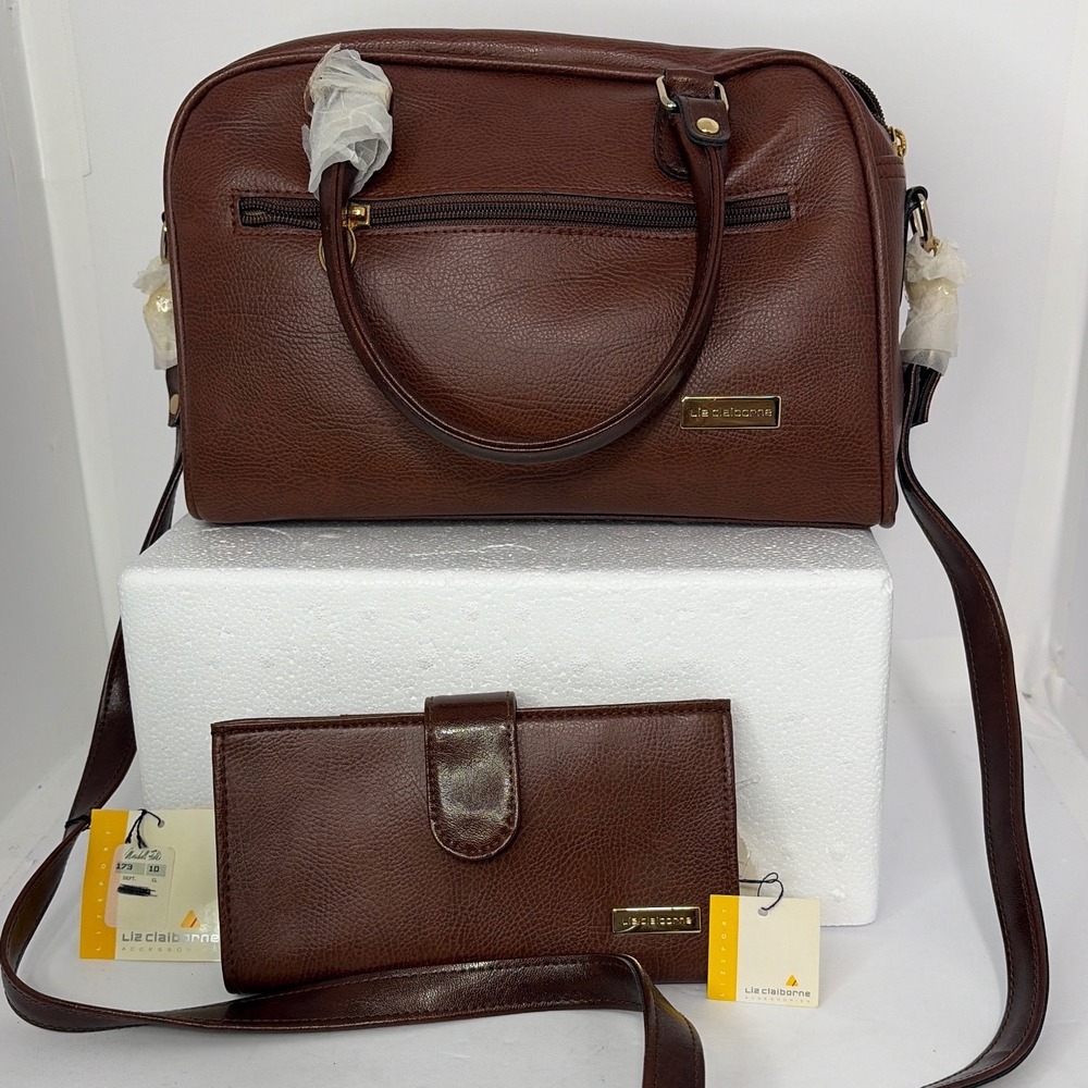 Liz Claiborne Brown Satchel Handbag & Matching Wallet Set NWT Classic Pebbled